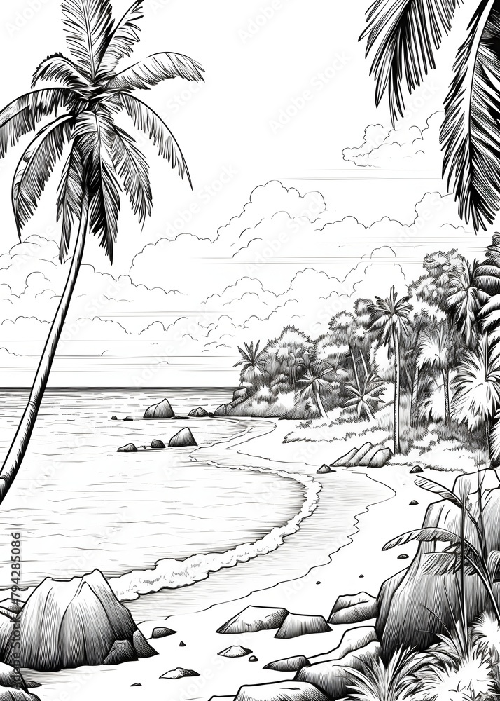 Beach Coloring Page, Beach outline coloring page, Beach Scenery line