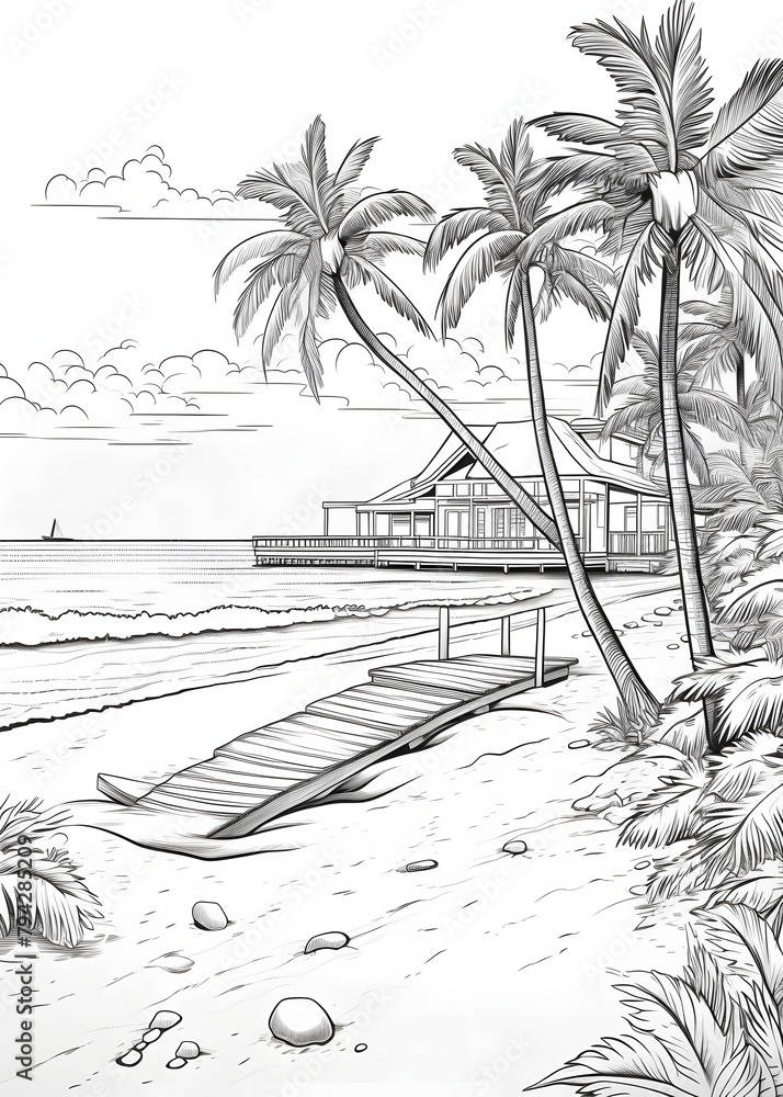 Beach Coloring Page, Beach outline coloring page, Beach Scenery line