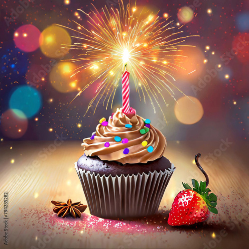 Small birthday cupcake with a candle, Celebratory Bliss: Birthday Cupcake with a Sparkler Candle, Infusing a Party Vibe and Fun, Delicious cupcake in cinematic and studio lighting background, The arom photo