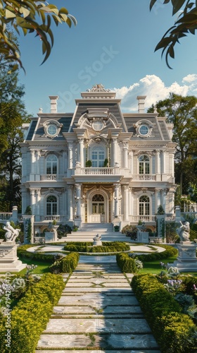 a mansion's front view in a full shot, where open spaces beckon with a sense of grandeur and sophistication.