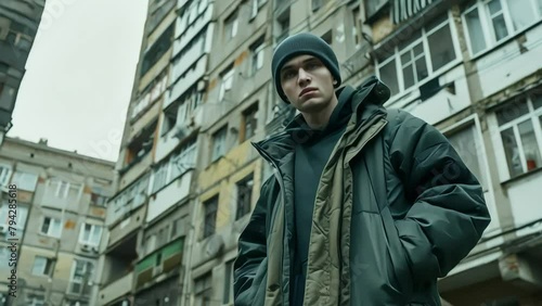 A young Soviet-style teenager poses against a backdrop of 1990s apartment buildings, embodying street fashion trends and evoking nostalgia for the aesthetics and cultural influences of the Soviet era.