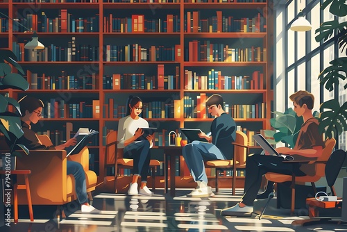 Education, teaching, learning concept. High school students or classmates group tutor in library studying and reading with helps friend doing homework and lesson practice preparing exam to entrance photo