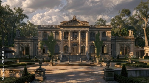 a mansion's front view in a full shot, where open spaces beckon with a sense of grandeur and sophistication.