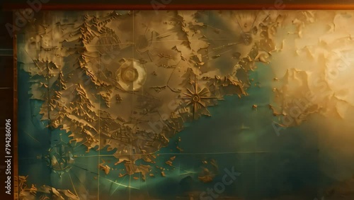 Vintage antique map depicting unknown territories, skillfully rendered in sand colors, with noticeable scuffs and scraps of paper, lost, atlantis, search. photo