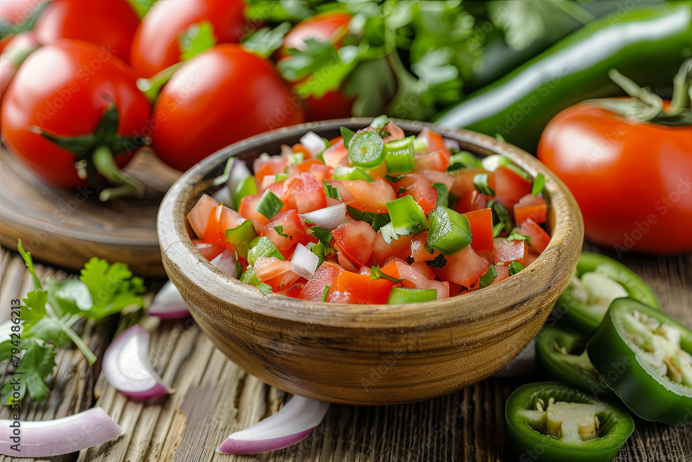 A small bowl filled with fresh homemade Mexican Pico de Gallo, featuring diced tomatoes, peppers, jalapeños, and red onions