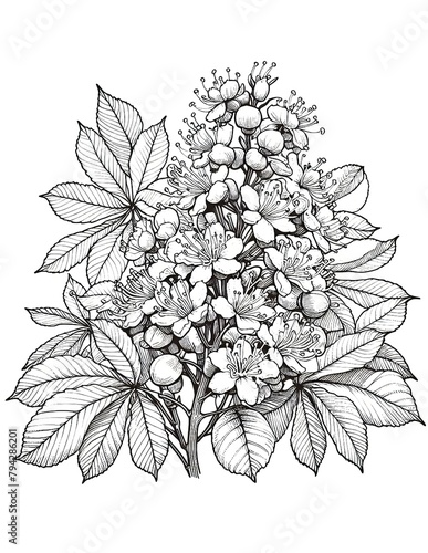 Horse Chestnut Flowers Sketch Coloring Sheet. Horse Chestnut Bloom Coloring Page photo