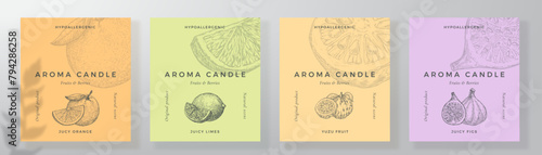 Aroma candle label design templates set. Scented air freshener product sticker mockup backgrounds collection Fruit citrus scent decorative packaging layouts bundle (ID: 794286258)