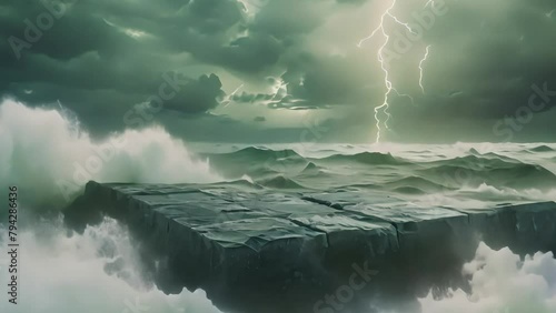 Wild stone platform amidst a stormy sea, dramatic stormy sky with lightning in the background. for extreme goods. photo