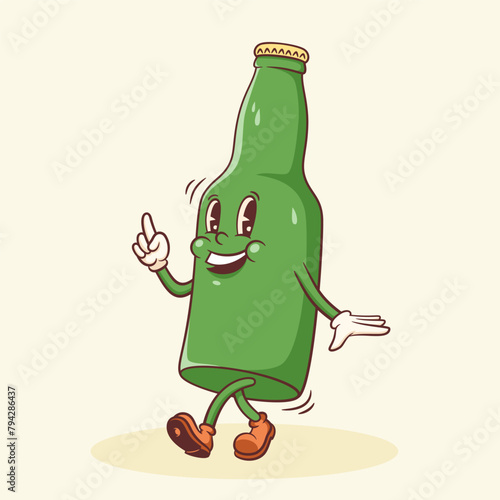 Groovy Beer Cartoon Retro Character Emblem Illustration. Drink Bottle Walking Smiling Vector Logo Mascot Template. Happy Vintage Cool Alcohol Beverage Rubber Hose Style Personage Drawing Isolated