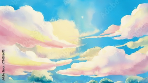 A vibrant illustration of a dreamy sky filled with fluffy clouds in soft pastel colors, evoking a feeling of calmness and creativity