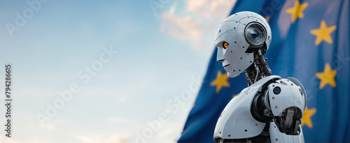 White modern robot standing against European Union flag. Law regulation of artificial intelligence in Europe. Banner with copy space photo