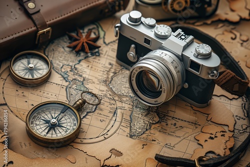 Vintage camera and compass on old world map