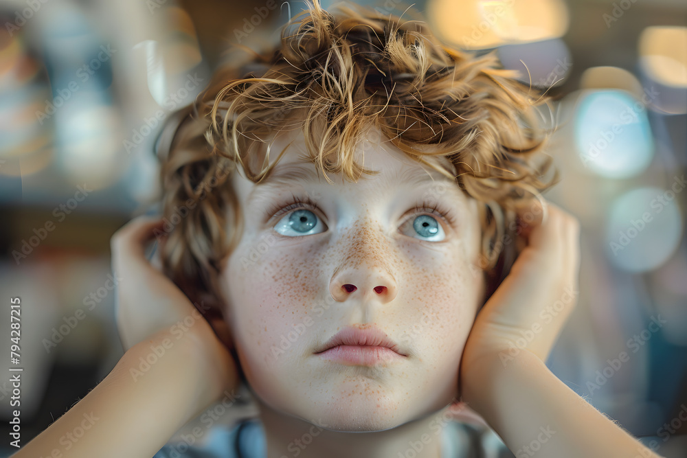 Fototapeta premium A young boy with a sensitivity to noise covering his ears with his hands