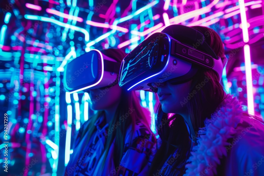 Two young adults exploring a neon-lit virtual reality world, immersed in a vivid digital experience Two young adults exploring a neon-lit virtual reality world, immersed in a vivid digital experience