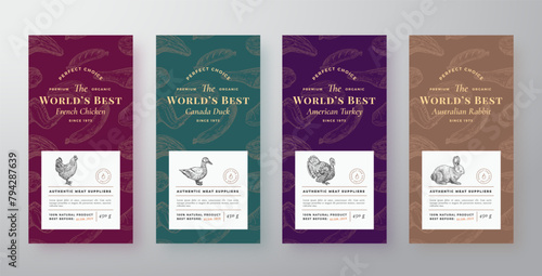 Premium Quality Meat and Poultry Labels Set. Abstract Vector Packaging Design or Cards. Modern Typography and Hand Drawn Domestic Animals Silhouette Background Layouts. Soft Realistic Shadows.