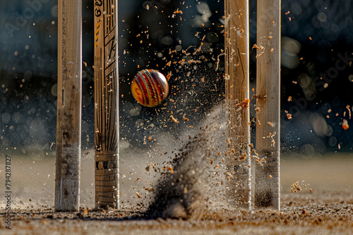 A dynamic moment in cricket with the stumps and bails being struck by a ball photo