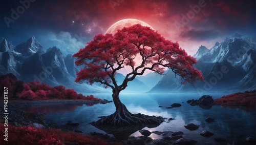 A majestic tree with sparkling blossoms illuminated by the red moonlight