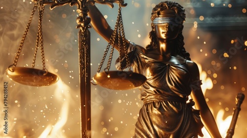 Close-up of Lady Justice holding scales in a dramatic golden light