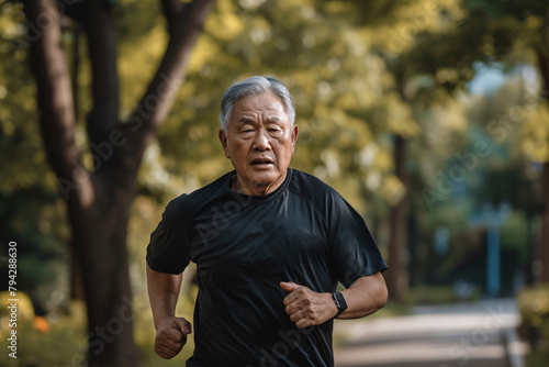 A senior Asian man jogging in the park