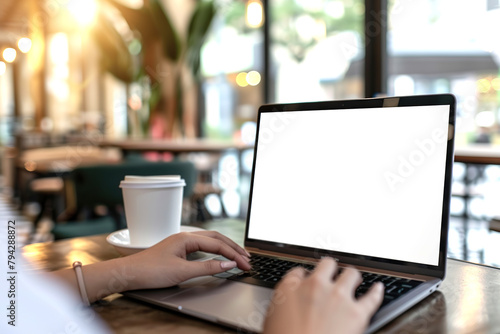 Woman using laptop in office sitting at cafe. Empty blank white screen mockup. Copy space area for text, logo, app. Person working, female hands typing. Mock up display PC. Business websites, service