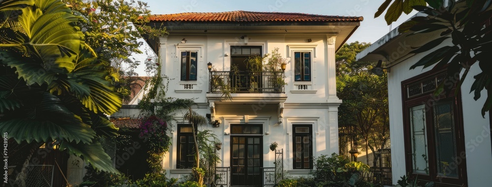 a two-story white minimalist house, accented by a sleek black roof, tropical garden, and balcony railings, bathed in the warm afternoon light. a two-story white minimalist house, accented by a sleek black roof, tropical garden, and balcony railings, bathed in the warm afternoon light.