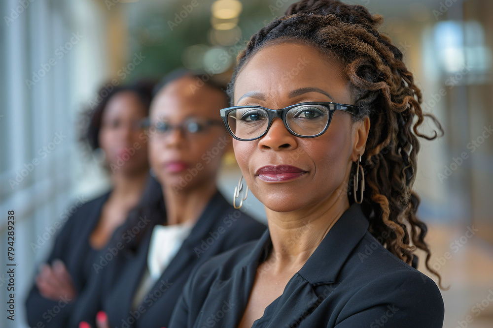 A confident black businesswoman standing in front of her team, business portrait, female ceo A confident black businesswoman standing in front of her team, business portrait, female ceo