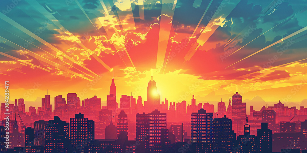 Colorful comic scene background with city silhouette 