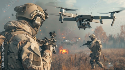a soldier in a field, strategically setting up drones for combat in an ultra-realistic fighting style.