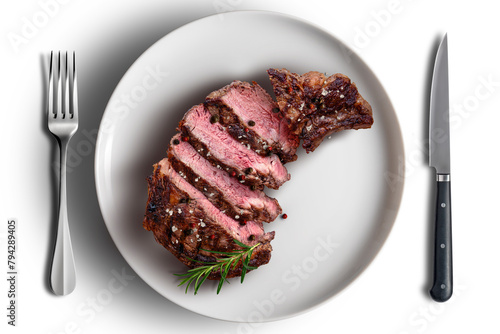 Rib eye beef cut in white round plate flavored with knife and fork