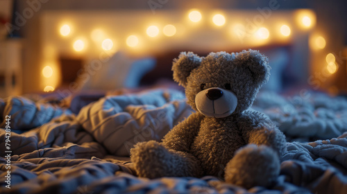 Cozy Comfort: A Teddy Bear's Warm Embrace in the Gentle Glow of Evening