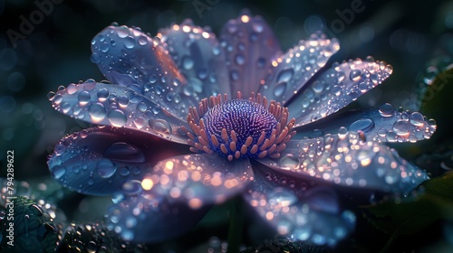  A tight shot of a blue bloom, dotted with water beads A green leaf lies prominent in the foreground