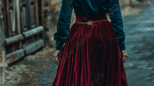 In the center of the abandoned town a lone woman roams the streets in a highnecked blouse and rich velvet skirt. The only sound is the rustling of her antique brooch . photo