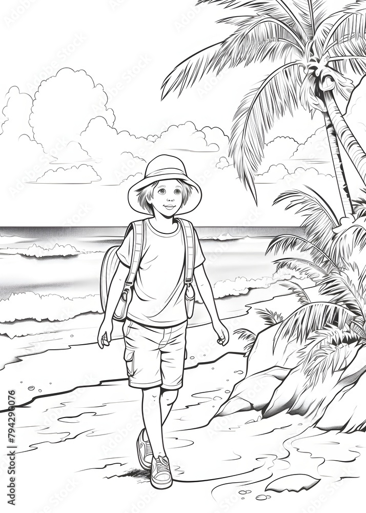 Summer Coloring Page, Summer outline coloring page, Summer Scenery line art for coloring page, Summer Coloring Book, Adults Coloring Pages, AI Generative
