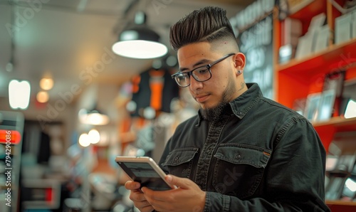 A startup entrepreneur inside his store holding a tablet and looking at the screen