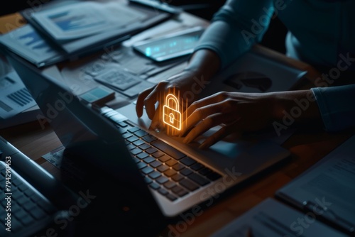 A person typing on their laptop with the symbol of security and safe data, surrounded by documents in an office setting A glowing padlock icon appears above them as they type Generative AI