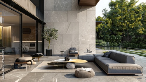 an outdoor space adorned with modern architectural elements, unveiling new forms of modernist aesthetics through the pure stone texture.