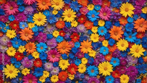 Kaleidoscopic Perspective  Top-Down View of a Spectrum of Flowers Creating a Vivid Floor Background.
