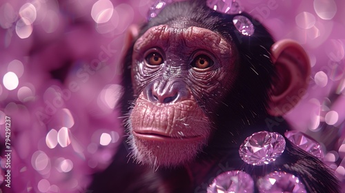  A monkey with diamonds crowning its head and surrounded by pink lights behind