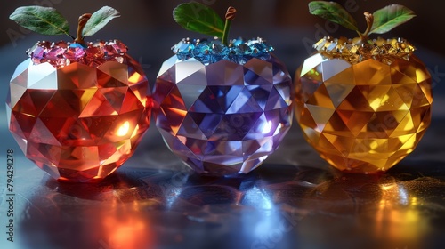   Three vibrant apples arranged on a blue  glossy-topped table