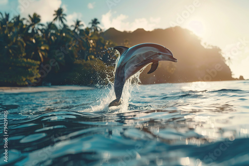 Dolphin jumping from blue pacific ocean and tropical island photo