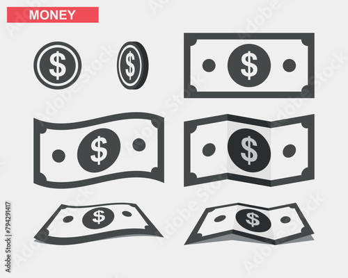 Set of money symbols vector icon isolated on white background.