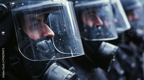 Intense close-up of riot police during May Day, controlling a demonstration against pension reform and advocating social justice