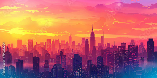 Colorful comic scene background with city silhouette 