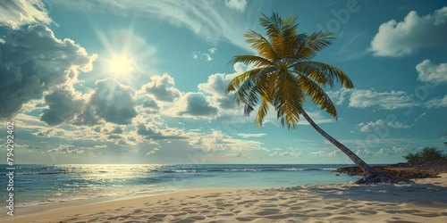 A beach scene with a bent palm tree, ocean waves, and bright sunlight in a clear sky.