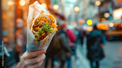Snack on the go. Street food in the form of a barbecue wrapped in biscuits, which can be picked up and half wrapped in paper, against the background of noisy city life. photo