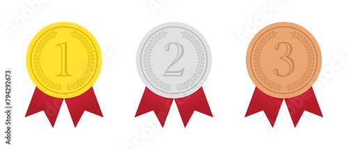 Set of three winners medals in gold, silver, bronze with red ribbon, isolated on transparent background, simple flat design