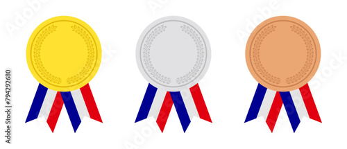 Gold, silver, bronze olympic medals with ribbon in french flag colors, isolated on transparent background. flat vector illustration.