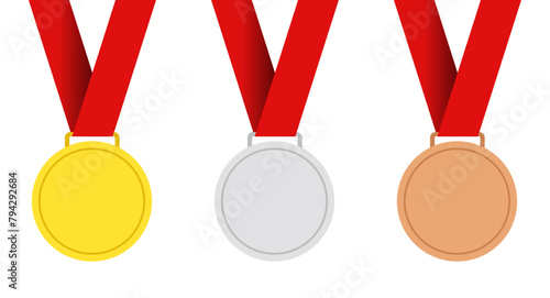 Set of three award medals in gold, silver, bronze on isolated on transparent background with red ribbons, flat design