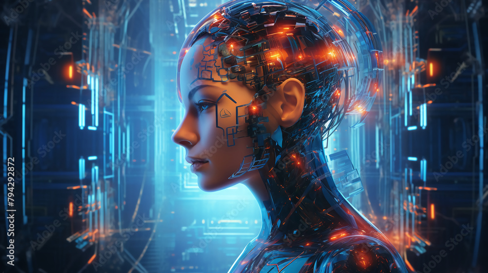 Portrait futuristic woman representing Artificial Intelligence. Portrait futuristic woman representing Artificial Intelligence.