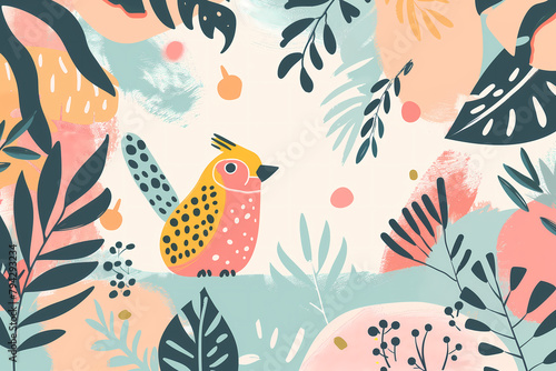 Tropical bird amidst vivid foliage in stylized illustration